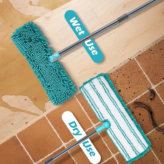 MASTERTOP Microfiber Flat Mop, Double-Sided Dust Mop with 4 Wet & Dry Pads, Floor Mop with Extension Stainless Steel Handle for Cleaning Hardwood, Vinyl, Laminate