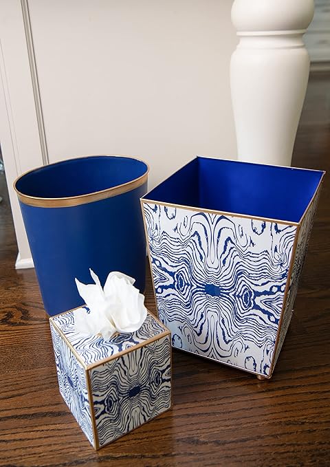 Jaye's Studio Mattie Line, Oval Wastebasket & Garbage Bin, Gold Trim & Finish, Hand-Painted, Handcrafted Metal, Trash Bin for Bedroom, Office, Bathroom, 12" x 10" x 8" (Navy)
