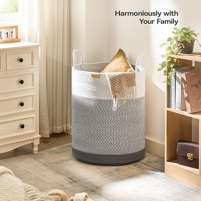 Laundry Hamper 95L,Large Laundry Basket for Clothes,Decorative Storage Basket for Blankets,Cotton Rope Woven basket for bedroom,Grey White