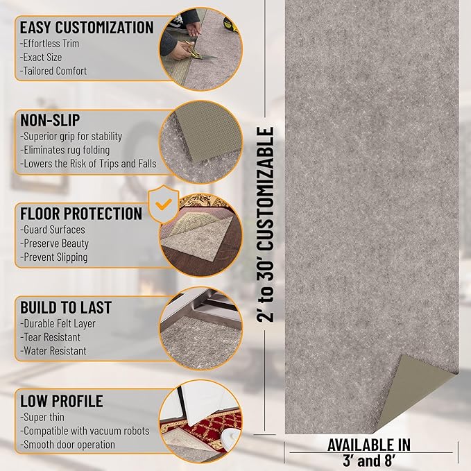 Ottomanson 3' x 4' Non-Slip Rug Pad Gripper 1/4 Inch Thick Dual Surface Felt + Rubber Gripper - Safe for All Floors, Brown