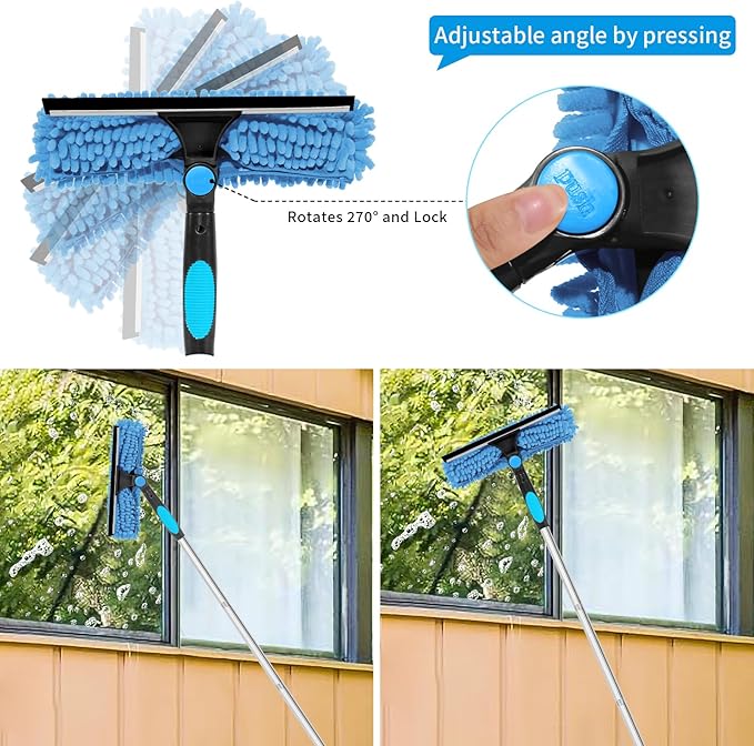 Professional 72'' Window Squeegee Cleaning Washing Tool/Kit with Extension Pole, 3 in 1 Squeegee for Window Cleaning Kit for High Window with 1 Rotatable Head 4 Interchangeable Scrubber