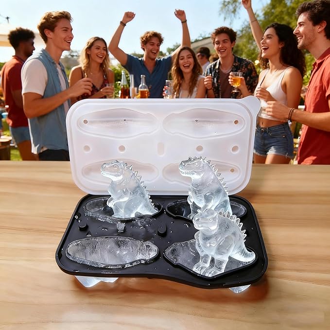 7.48inch Newly Upgraded 4-grid 3D Dinosaur Ice Tray and Covered Silicone Ice Tray, Suitable for Bars, Outdoor and Home Use(1, 3 colors randomly)