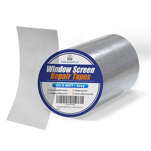 KING MOUNTAIN Grey Window Screen Repair Tape,3inX40FT Heavy Duty Screen Repair Kit for Window Screen and Screen Door Tears Holes,Strong Adhesive & Waterproof Window Screen Patch