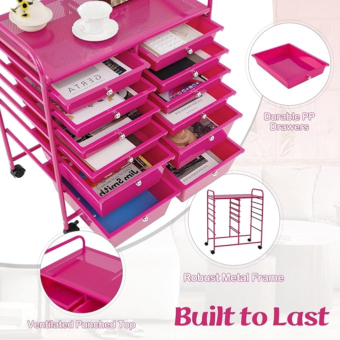 GOFLAME 12-Drawer Rolling Storage Cart, Multipurpose Organizer Cart with 2 Sizes Plastic Drawers, Mobile Utility Cart with Lockable Casters for School, Home Office, Beauty Salon, Hot Pink