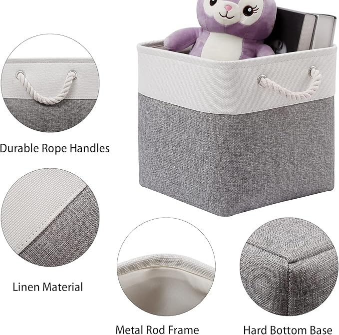 Cube Storage Bins, Collapsible Fabric Cube Storage Bin, 11 Inch Cube Storage Bins with Handles, Foldable Storage Cubes (White/Gray, 6Pack)