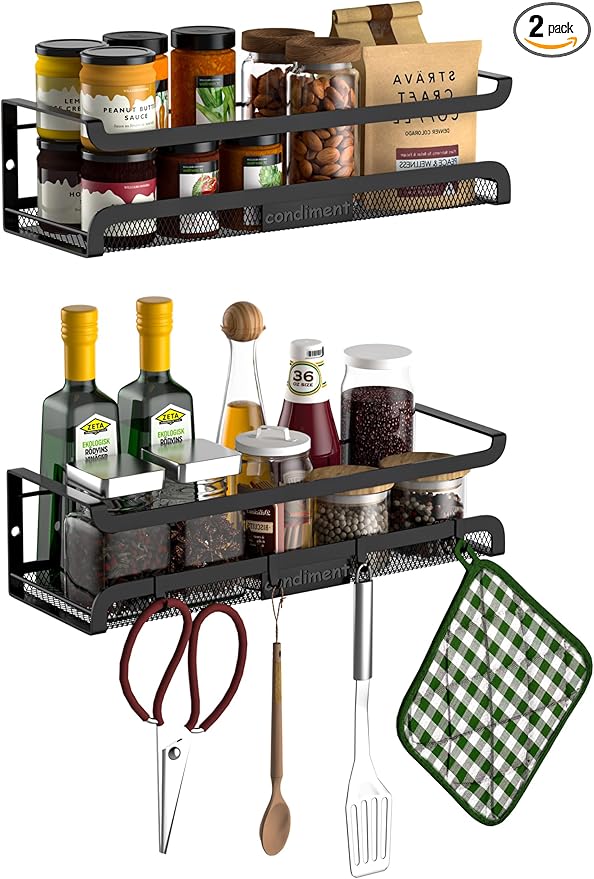 Spice Rack Wall Mount with Hooks - Spice Racks Organizer for Cabinet Storage, Wall Mounted Hanging Shelf Seasoning Organizer, for Kitchen, Pantry Door, Bathroom (Black, 2 Pack)