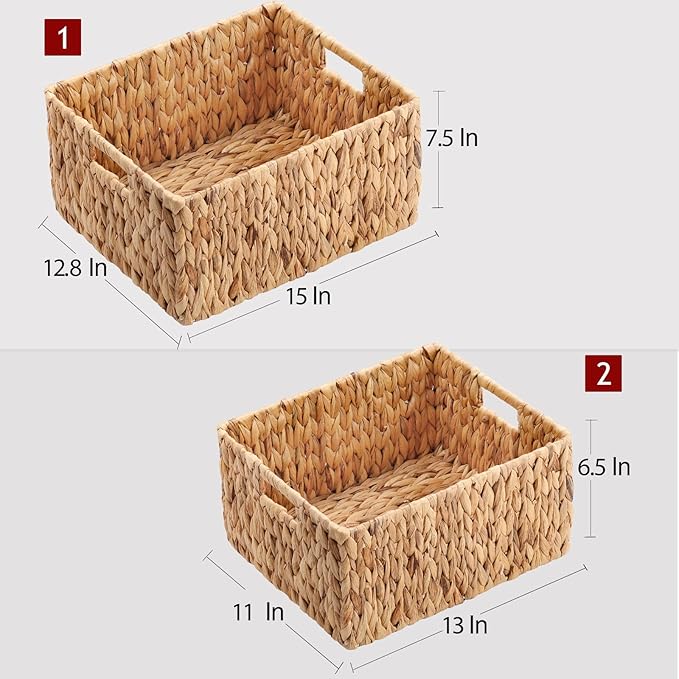 HOONEX Water Hyacinth Storage Baskets, Wicker Baskets for Organizing, Hand Woven Baskets with Carry Handles, Set of 2, Natural