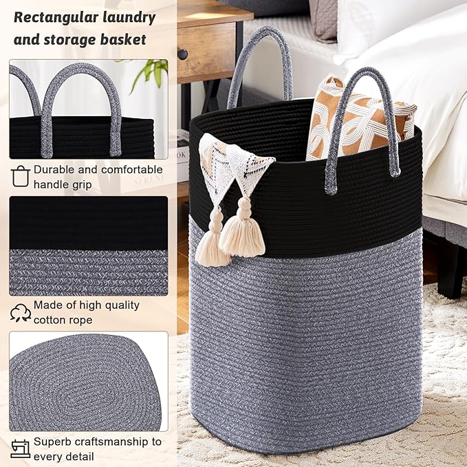 Laundry Basket,Woven Cotton Rope Laundry Hamper,Versatile Storage for Dirty Clothes,Baby Toys,and Blankets in Bathroom, Nursery,and Living Room (Black, 40L)