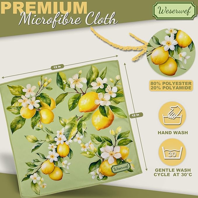 WESERWEF Design Microfiber Glasses Cleaning Cloth – Premium Cleaning Cloth for Eyeglasses, Screens, Tablets, Cameras & Lenses, 12" x 12", Ultra-Soft & Scratch-Free (Lemon)