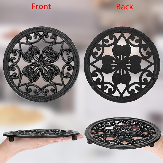 JUXYES 2 PCS Decorative Cast Iron Metal Trivet with Rubber Feet, Vintage Heat Resistant Iron Mat for Hot Dish Pot Pan Plate Teapot, Round Trivet Mat Hot Pot Holder Pads for Kitchen Or Dining Table