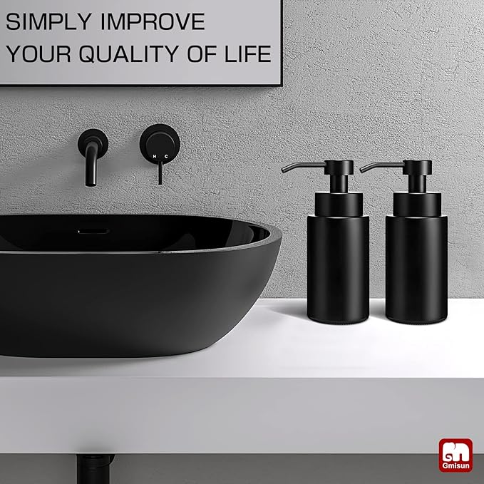 GMISUN Foaming Soap Dispenser, 10 Fl oz/300 ml Matte Black Glass Foaming Hand Soap Dispenser, 2Pcs Hand Soap Dispensers for Bathroom & Kitchen, Refillable Foam Soap Pump Bottle with Waterproof Labels