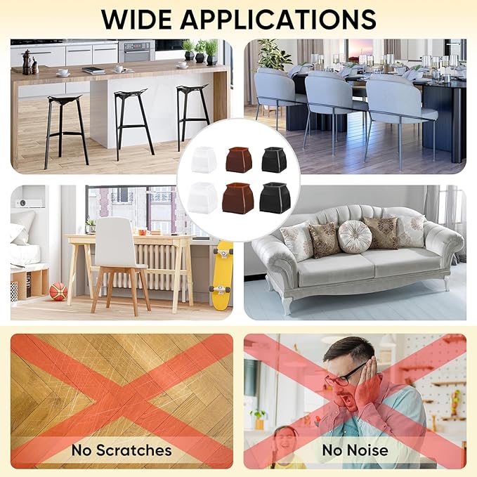 BALEINE 16 Pack Silicone Chair Leg Floor Protectors, Stool Leg Protectors Cap, Non-Slip Chair Leg Caps for Hardwood Floors (Brown & Large (Square), 16 Pack)
