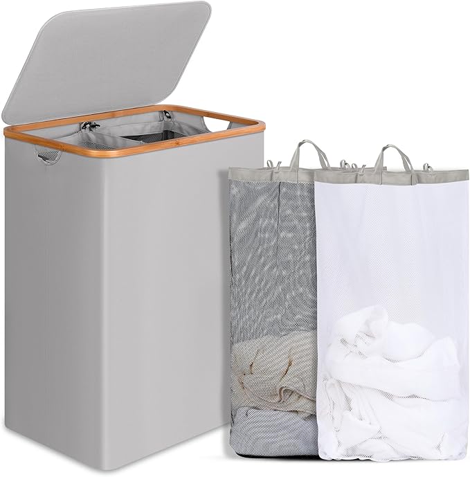 Double Laundry Hamper with Lid, Divided Laundry Hamper with Removable Bags, 2 Section Dirty Clothes Basket with Handles for Bathroom, Bedroom & Laundry Room, 160L Dove Gray