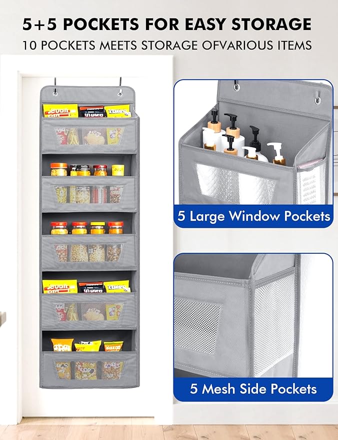 Meolsaek Over the Door Organizer,46lbs Load and Anti-Tilt Design，5 Tier Behind the Door Storage 5 Side Pockets，Perfect for Closet Organizers, Bathroom Storage