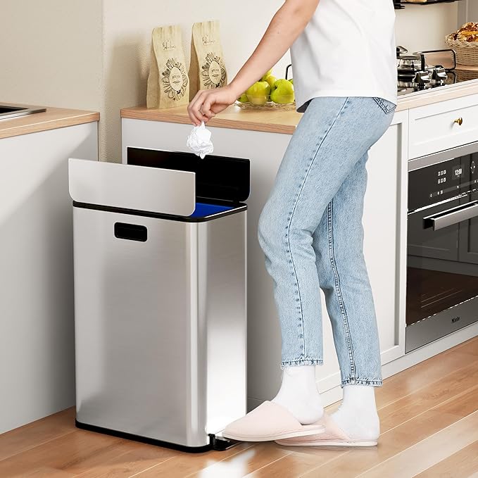 2 x 7.4 Gal (2 x 28L) Slim Trash Can, Stainless Steel Dual Compartment Step-On Recycling Bin with Butterfly Lids & Removable Plastic Inner Buckets for Kitchen, Home, Office