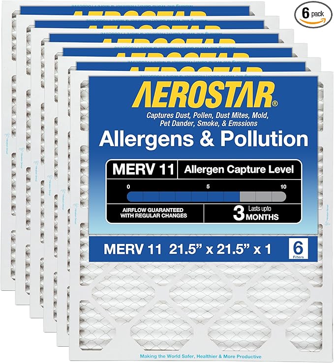 Aerostar 21.5x21.5x1 MERV 11-6 Count - Pleated Furnace & Air Conditioner Filters - Removes Dust, Cold & Flu Germs, Lint, Mold, Pet Dander, Allergy-Causing Pollen, Smog & Smoke