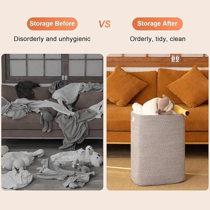 OIAHOMY Laundry Hamper, Laundry Basket，Rectangle Cotton Storage Basket with Handles, Large Blanket Basket for Living room, Woven Decorative Storage for Toys,Clothes,Pillows-16x13x22in-Grey variegated