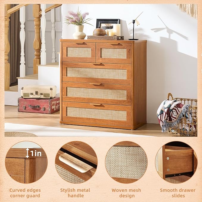 LEYAOYAO Rattan Dresser for Bedroom, 33.5" Tall Chest of Drawers, Modern 5 Drawers Boho Dressers with Storage, Vintage Brown Dresser Wooden Closet Organizer for Living Room, Hallway