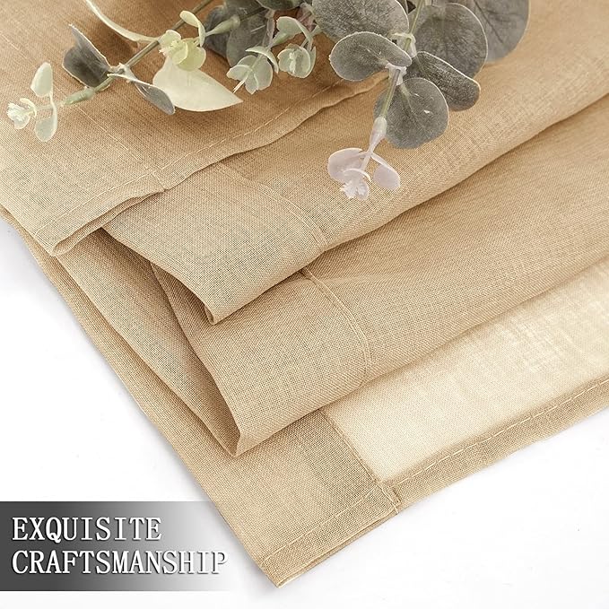 Tollpiz Short Sheer Curtain Linen Textured Bedroom Curtains Sheer Light Filtering Rod Pocket Voile Curtain for Living Room, 54 x 54 inches Long, Beige, Set of 2 Panels