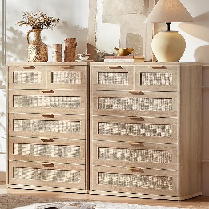 LEYAOYAO Rattan Dresser for Bedroom Set of 2, 42" Tall Chest of Drawers, Modern 6 Drawers Boho Dressers with Storage, Light Oak Dresser Wooden Closet Organizer for Living Room, Hallway, Natural Wood