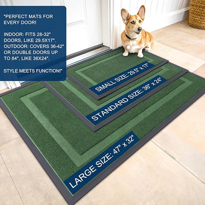 OLANLY Front Door Mat Indoor Outdoor Entrance, Waterproof All-Season, All-Weather Doormat, Sturdy Natural Rubber, Fade Resistant, Low Profile, Easy Clean Patio Porch Entryway Mat, 47x24, Green