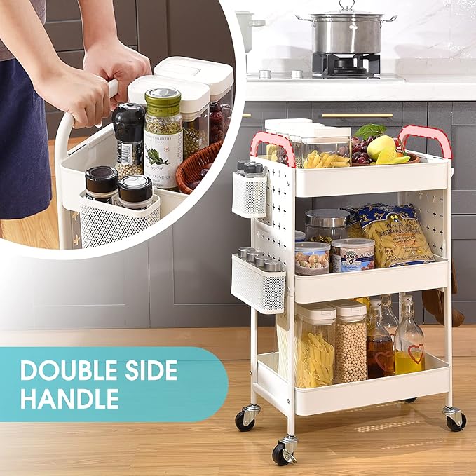 TOOLF 3-Tier Rolling Cart, Metal Utility Storage Cart with DIY Pegboards, Art Craft Trolley with Baskets Hooks, Serving Organizer Easy Assemble for Office, Home, Kitchen, Classroom (White)