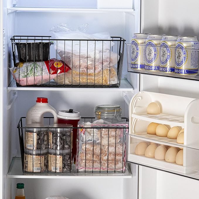 16inch Freezer Wire Storage Organizer Baskets, Household Refrigerator Bin with Built-in Handles for Cabinet, Pantry, Closet, Bedroom Black,4pack