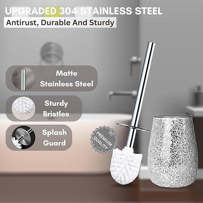 Escenzy Modern Toilet Brush and Holder Set Mosaic Glass | Non-Rustic Stainless Steel | Practical & Decorative Toilet Bowl Brush and Holder | Luxury Silver Glitter Bathroom Accessories