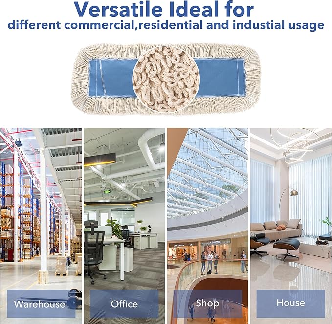 Matthew Cleaning 36'' Industrial Strength Cotton Dust Mop Refill Washable Replacement Heads for Residential & Commercial Use Fit Standard Dust Mop Frames, Hardwood, Concrete Floors Blue&White 1 Pack