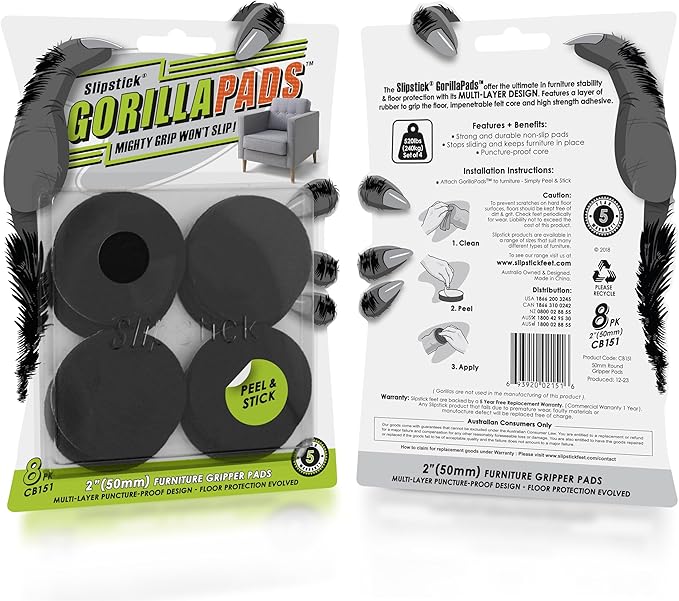 Slipstick GorillaPads Non Slip Furniture Pads/Gripper Floor Protectors (Set of 8) 2 Inch Round Self Adhesive Rubber Stoppers for Furniture Legs, CB151
