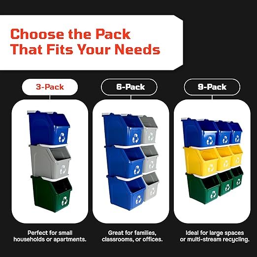 6 Gallon Stackable Recycling Bins for Homes, Garages, Offices Made of 100% Recycled Plastic - (Blue, 3 Pack)
