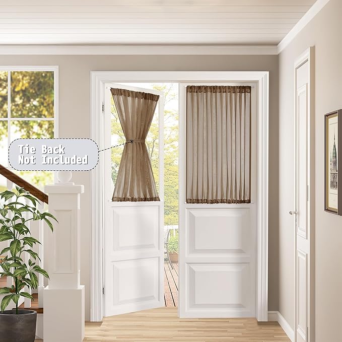 Tollpiz Small Sheer Door Curtain Closet Linen Textured Curtain Sheers Doorway Light Filtering Voile French Door Rod Pocket Curtains Patio Glass Door, 25 x 40 inches Long, Brown, Set of 1 Panel