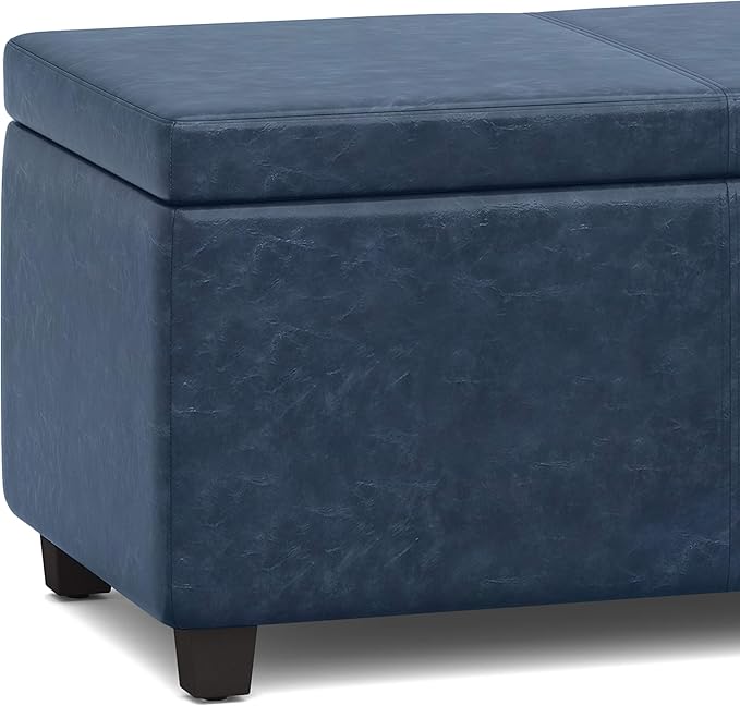 SIMPLIHOME Avalon 48 inch Wide Contemporary Rectangle Storage Ottoman Bench in Denim Blue Vegan Faux Leather, Assembled, For the Living Room, Entryway and Family Room