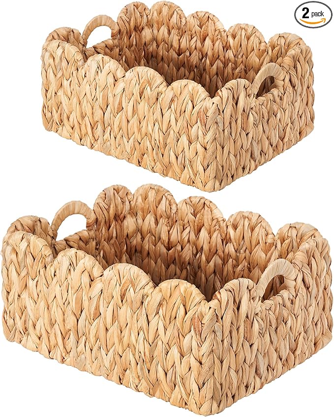 Scalloped Basket Wicker & Rattan Storage Basket with Built-in Handles, Large Woven Water Hyacinth for Nursery & Bathroom Organization 2 Pack