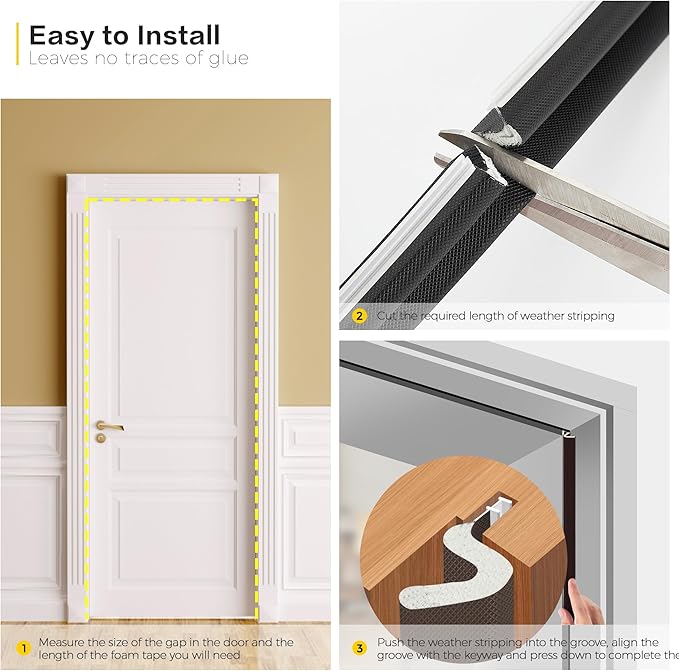 Weather Stripping Door Seal Strip - Soundproof Q-Shaped Foam for Exterior Door Frame, Large Gap Seal, Noise Cancelling, Easy to Install (Black, 30FT)