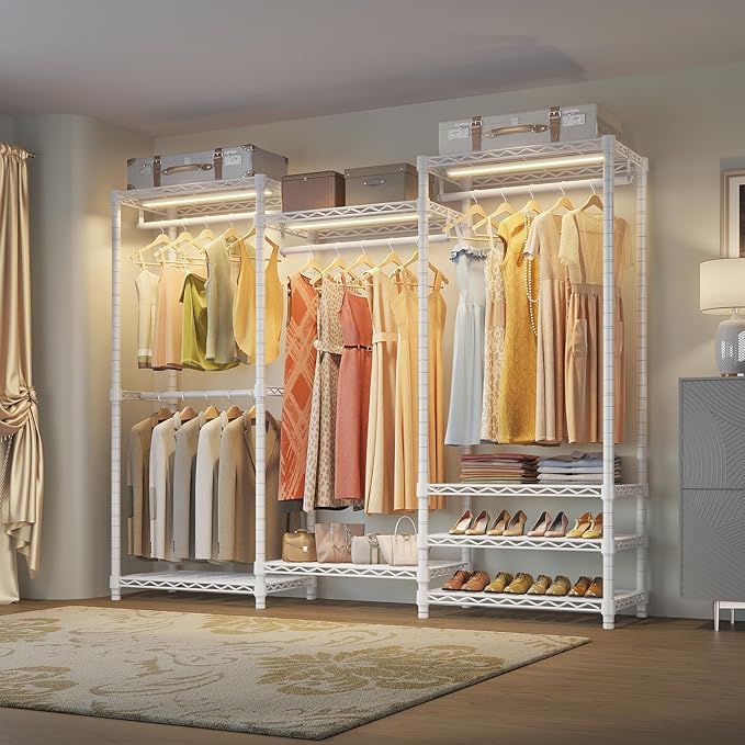 VIPEK V5L Garment Rack Heavy Duty Clothes Rack with Dimmable LED Lights, 3000K Warm White, Portable Closet Wardrobe Freestanding Metal Clothing Rack for Hanging Clothes, Max Load 890lbs, White