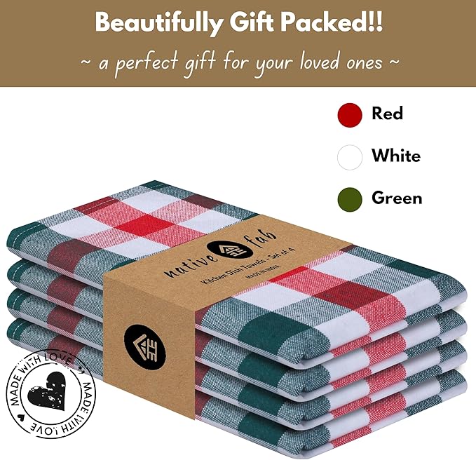 Native Fab Gingham Check Kitchen Towels 4 Pack 16x26 Inches - 100% Cotton, Soft, Absorbent Tea Towels & Kitchen Hand Towel for Drying, Cleaning & Reusable Dishcloths Set - Red, Green, White