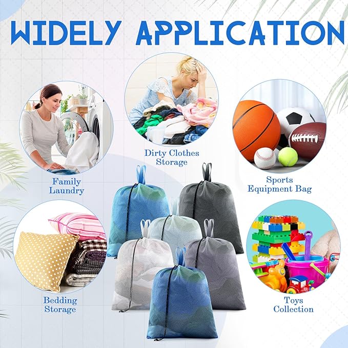 6 Pack 20 x 17 Inches Blue Mesh Laundry Bag with Handles Machine Washable Secure Drawstring Closure Large Sturdy Mesh Net Laundry for College Travel Dorm Laundromat