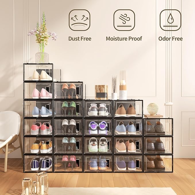 12 Pack X Large Shoe Storage Organizer for Closet, Modular Space Saving Shoe Boxes Clear Plastic Stackable Containers Display Case Bins with Lids, Black