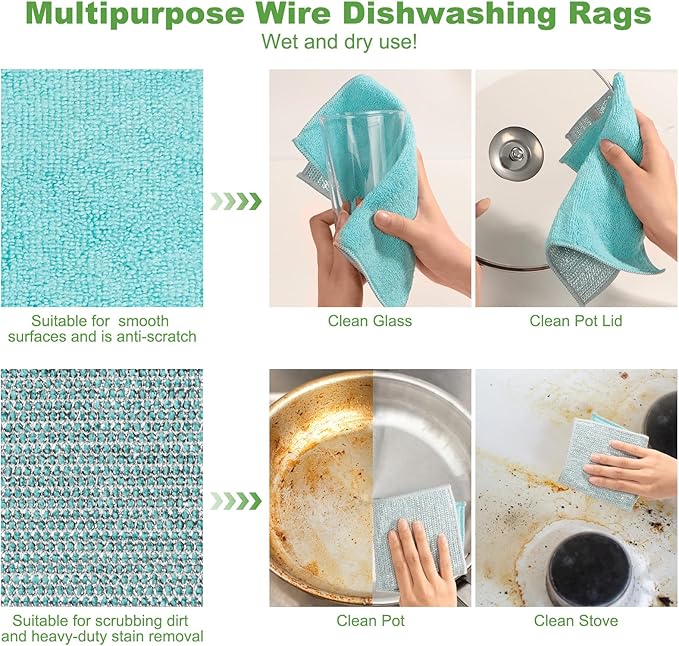 10counts Non Scratch Wire Dishcloth Multipurpose Wire Dishwashing Rag for Washing Dishes,Double Layer Microfiber Cleaning Cloth,Reusable Diamond Weave Steel Wool Scrubber Cloths,Blue
