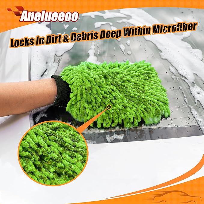 Car Wash Mitt Microfiber, Premium Chenille Microfiber Wash Car Mitts Sponge Scratch Free & Lint-Free, Mitts Waterproof Lining 2 Pack Green (8''X12'')