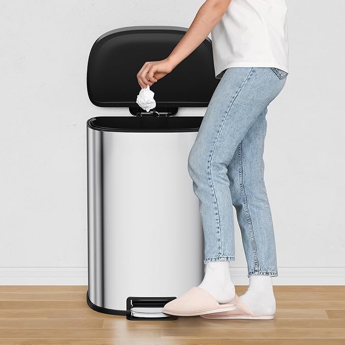 13.2 Gal/50L D-Shape Trash Can, Step-On Stainless Steel Garbage Can, Soft-Close Lid, Anti-Fingerprint Surface, Recycling Bin with Removable Inner Basket for Kitchen Dining Room