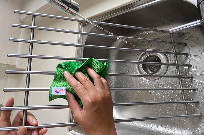 16 Pack Microfiber Scrub Dish Cleaning Cloth, Non-Scratch, Reusable & Durable for Pan Pot Dish Cooktop Stovetop Counter Kitchen Household, Machine Washable, 6 x 6 Inch, Orange & Green Assorted