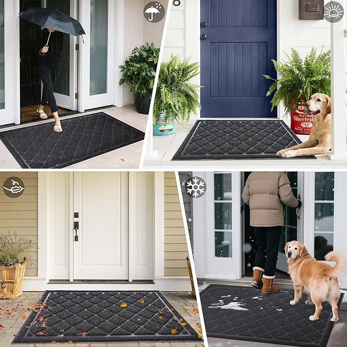 Front Door Mat Indoor Outdoor Entrance, 24" x 48" Heavy Duty All-Season All-Weather Waterproof Doormat Trap Dirt and Moisture Easy Clean Low Profile Patio Porch Entryway Mat