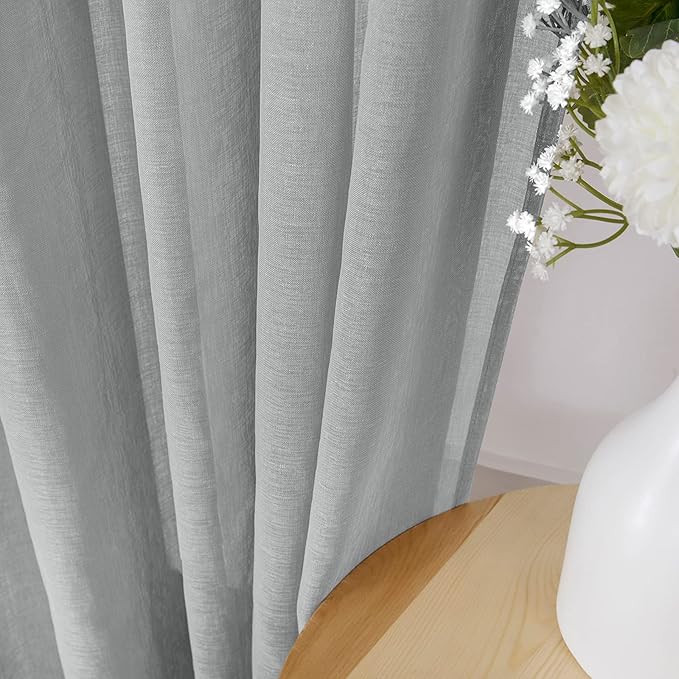 Tollpiz Short Sheer Curtain Living Room Linen Textured Curtains Sheer Light Filtering Voile Rod Pocket Curtain for Bedroom, 38 x 54 inches Long, Silver Grey, Set of 2 Panels