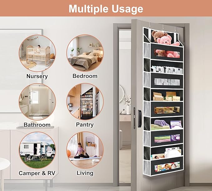 5-Tier Over The Door Storage Organizer with 10 Side Mesh Pockets, 48 lbs Load Capacity, 3 Hooks Design, Door Hanging Organizer with Clear Windows for Bathroom, Bedroom, Nursery, Kitchen-Black