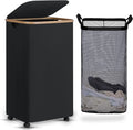 efluky Laundry Basket with Wheels, Tall Rolling Laundry Hamper with Lid and Removable Bag, Aesthetic Dirty Clothes Hamper on Wheels for Laundry Room, Bedroom, Dorm and Bathroom, 100L Black
