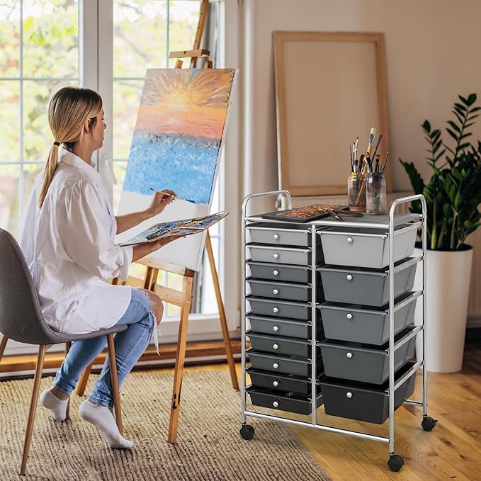 GOFLAME 15-Drawer Rolling Storage Cart, Multipurpose Movable Organizer Cart, Utility Cart for Home, Office, School, Gray Gradient
