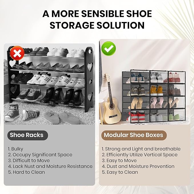 12 Pack XX-Large Modular Clear Plastic Stackable Shoe Storage Organizer for Closet, Space Saving Versatile Sneaker Shoe Rack Containers Bins Holders, Portable Closet Organizers and Storage, Black