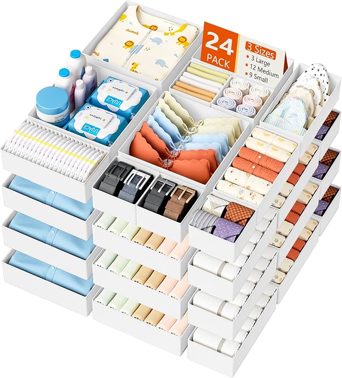 DIMJ Drawer Organizer Clothes - 24 Pack Baby Dresser Organizer for Nursery, Foldable Drawer Organizer Bins for Closet Bedroom Organization, Fabric Clothes Storage Dividers for Underwears, Socks, Bras